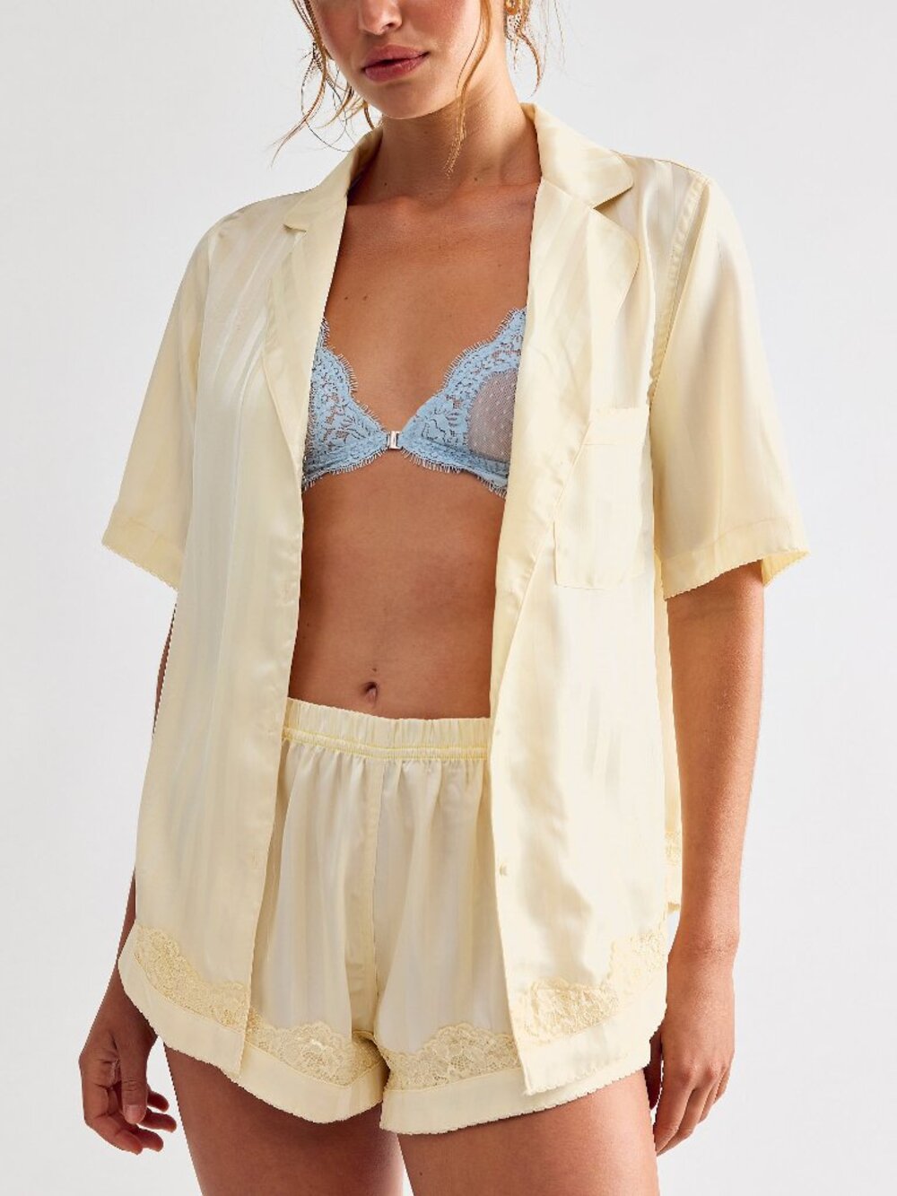 Free People Pale Yellow Satin Pajama Set with Lace Trim